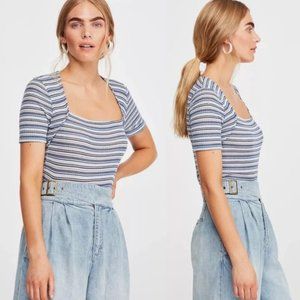 Free People Square Neck Blue Striped Wild Tee Sweater Top XS Vintage Look